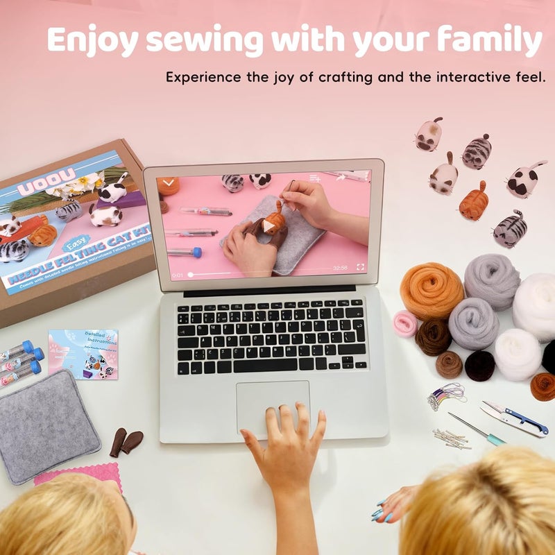 UOOU Needle Felting Beginners Kit with Box,Needles Felting Supplies with 24Pcs Felting Needles,Felting Pad,Wool Roving,DIY Needle Felting Cat Dolls - Image 4